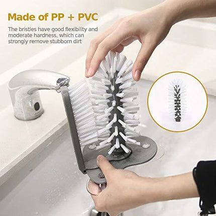 Bottle Cleaning Brush Glass Cup Washer for Sink with Suction Base, Cup Cleaner Brush for Beer Cup, Long Leg Cup, Red Wine Glass and More Bar Kitchen Sink Home Tools Grey