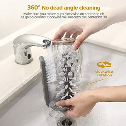 Bottle Cleaning Brush Glass Cup Washer for Sink with Suction Base, Cup Cleaner Brush for Beer Cup, Long Leg Cup, Red Wine Glass and More Bar Kitchen Sink Home Tools Grey