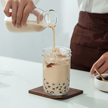 Bubble Tea Cups 2 pack, Reusable Wide Mouth Smoothie Cups, Iced Coffee Cups With White Lids and Gold Straws Mason Jars Glass Cups, Travel Glass Drinking Bottle (16oz, Gold Straws)