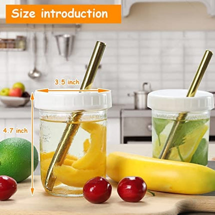 Bubble Tea Cups 2 pack, Reusable Wide Mouth Smoothie Cups, Iced Coffee Cups With White Lids and Gold Straws Mason Jars Glass Cups, Travel Glass Drinking Bottle (16oz, Gold Straws)