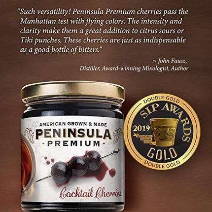 Peninsula Premium Cocktail Cherries | Award Winning | Deep Burgundy-Red | Silky Smooth, Rich Syrup | Luxe Fruit Forward, Sweet-Tart Flavor | Gourmet | American Grown & Made | 10.5 oz