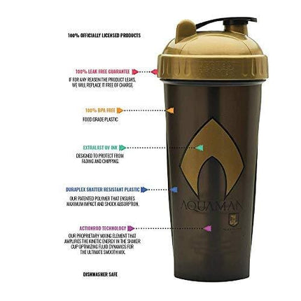 Performa Justice League & DC Comic - Leak Free Protein Shaker Bottle with Actionrod Mixing Technology for All Your Protein Needs! Shatter Resistant & Dishwasher Safe (Aquaman)(28oz)