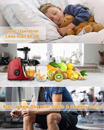 Juicer Machines, Slow Masticating Juicer with Brush and Easy to Clean, Cold Pressed Juicer with Quiet Motor and Reverse Function, Juicer Extractor，Recipes for Fruits and Vegetables
