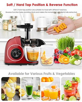 Juicer Machines, Slow Masticating Juicer with Brush and Easy to Clean, Cold Pressed Juicer with Quiet Motor and Reverse Function, Juicer Extractor，Recipes for Fruits and Vegetables