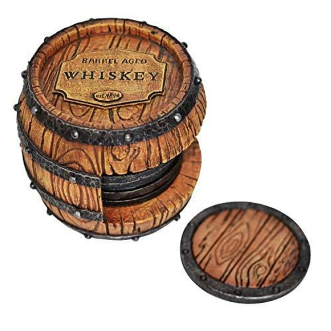 5pc Whiskey Barrel Drink Coasters Unique - Bar Decor and Accessories Beer Coaster - Home Decorations for Dining Room Drink Coasters - Modern House Decor Coaster Set with Holder Kitchen Decor Man Cave
