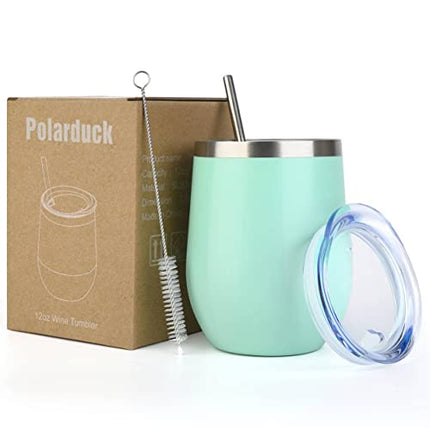 Polarduck Wine Tumbler Cup Coffee Mug: 12oz Travel Insulated Tumbler with Lid & Straw, Stainless Steel Vacuum Double Wall-Gift for Women, Men, Mom, Dad, Friend (Mint)