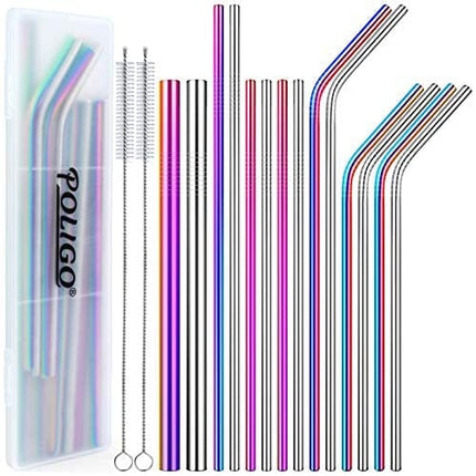 POLIGO 16pcs Reusable Stainless Steel Straws, Colorful Rainbow Drinking Straws, Iridescent Metal Straws with Portable Case and Cleaning Brushes for 20, 30 Oz Yeti Tumbler, Smoothies and Bubble Tea