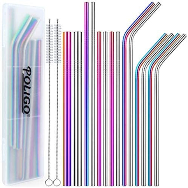 POLIGO 16pcs Reusable Stainless Steel Straws, Colorful Rainbow Drinking Straws, Iridescent Metal Straws with Portable Case and Cleaning Brushes for 20, 30 Oz Yeti Tumbler, Smoothies and Bubble Tea