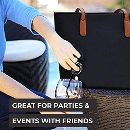 PortoVino Classic Tote Bag - Vegan Leather Wine Purse with Hidden Spout and Dispenser Flask for Wine Lovers that Holds and Pours 2 bottles of Wine! For Traveling, Concerts, Bachelorette Party - Black
