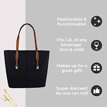 PortoVino Classic Tote Bag - Vegan Leather Wine Purse with Hidden Spout and Dispenser Flask for Wine Lovers that Holds and Pours 2 bottles of Wine! For Traveling, Concerts, Bachelorette Party - Black