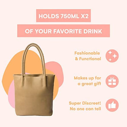 PortoVino Double Pour Vegan Leather Tote Bag with Hidden Insulated Flask Compartment and Dispenser with Spout that Hold 2 separate Bottles Of Wine! Perfect for Traveling, Concerts, Bachelorette Party!