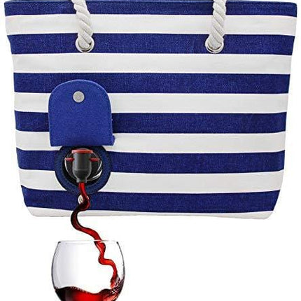 PortoVino Beach Wine Purse (Blue/White) - Beach Tote with Hidden, Insulated Compartment, Holds 2 Bottles of Wine! / Great Gift! / Happiness Guaranteed!