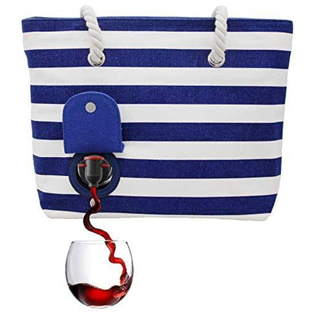 PortoVino Beach Wine Purse (Blue/White) - Beach Tote with Hidden, Insulated Compartment, Holds 2 Bottles of Wine! / Great Gift! / Happiness Guaranteed!
