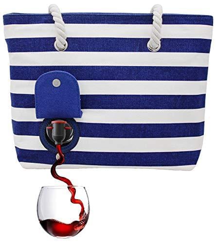 PortoVino Beach Wine Purse (Blue/White) - Beach Tote with Hidden, Insulated Compartment, Holds 2 Bottles of Wine! / Great Gift! / Happiness Guaranteed!