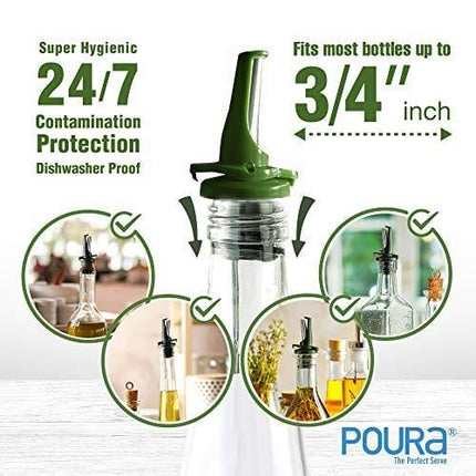 Olive Oil Spout for Olive Oil Dispenser - UK Patented Oil Pourer - Hygienic Open Close Shut Off Mechanism - One Handed Open & Close Cap Keeps Oil Fresh and Prevents Oxidization - Green 2 Pack