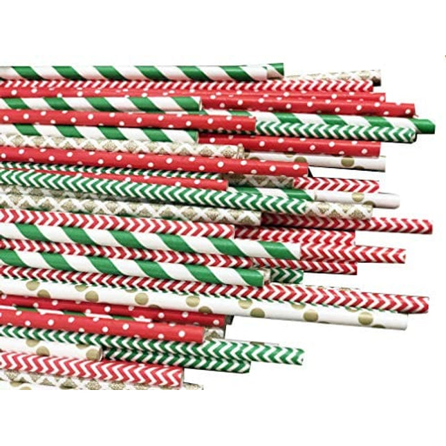 Pack of 150 Christmas Paper Straws in Red, Green and Gold. Holiday Straws, Vintage Party Supplies, Santa Red & Emerald Elf Green Straws