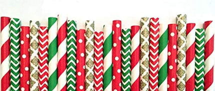 Pack of 150 Christmas Paper Straws in Red, Green and Gold. Holiday Straws, Vintage Party Supplies, Santa Red & Emerald Elf Green Straws