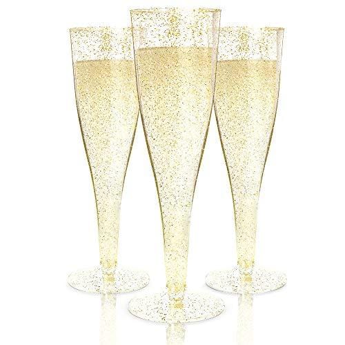 100 Plastic Champagne Flutes Disposable | Gold Glitter Plastic Champagne Glasses for Parties | Glitter Clear Plastic Cups | Plastic Toasting Glasses | Mimosa Glasses | Wedding Party Bulk Pack