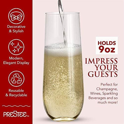 24 Stemless Plastic Champagne Flutes - 9 Oz Plastic Champagne Glasses | Clear Plastic Unbreakable Toasting Glasses |Shatterproof | Disposable | Reusable Perfect For Wedding Or Party