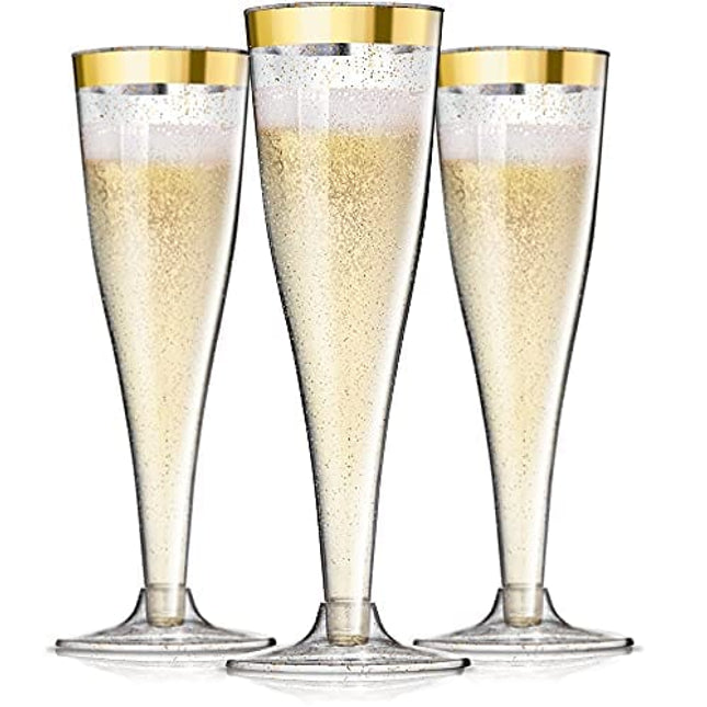 24 Plastic Champagne Flutes Disposable | Gold Rim Gold Glitter Plastic Champagne Glasses for Parties | Clear Plastic Cups | Plastic Toasting Glasses | Mimosa | New Years Eve Party Supplies 2022