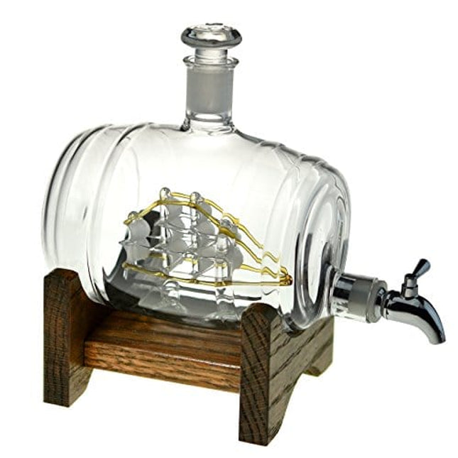 Bourbon Barrel Whiskey Decanter With Ship - 1000ml Liquor Dispenser - Sailing/Boating Gifts for Men and Women, Nautical Decor Retirement Gift (Tomoka Gold)