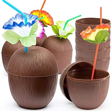 Prextex 12 Pack Coconut Cups for Hawaiian Luau Kids Party with Hibiscus Flower Straws - Tiki and Beach Theme Party Fun Drink or Decoration Cups