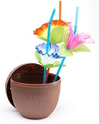 Prextex 12 Pack Coconut Cups for Hawaiian Luau Kids Party with Hibiscus Flower Straws - Tiki and Beach Theme Party Fun Drink or Decoration Cups