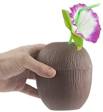Prextex 12 Pack Coconut Cups for Hawaiian Luau Kids Party with Hibiscus Flower Straws - Tiki and Beach Theme Party Fun Drink or Decoration Cups