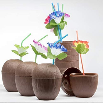 Prextex 12 Pack Coconut Cups for Hawaiian Luau Kids Party with Hibiscus Flower Straws - Tiki and Beach Theme Party Fun Drink or Decoration Cups