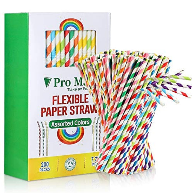 200 Pack Paper Drinking Straws Biodegradable,Flexible Stripe Straws Bulk for Juices, Shakes, Smoothies - Disposable& Eco-Friendly Straw for Birthdays, Weddings & Party (Assorted Colors)