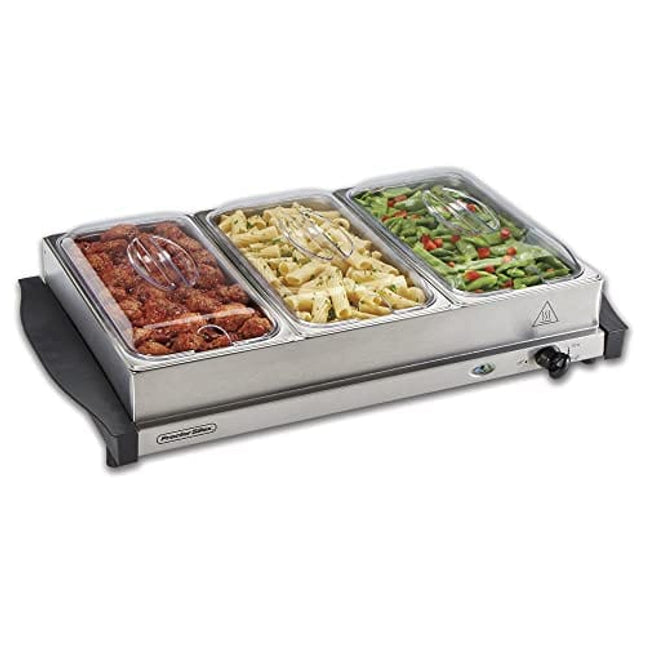 Proctor Silex Server & Food Buffets Food Warmer for Parties, Three 2.2 Quart Stainless Steel Chafing Dishes, Adjustable Heat