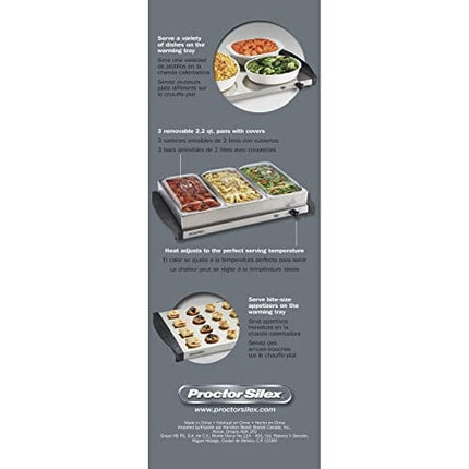 Proctor Silex Server & Food Buffets Food Warmer for Parties, Three 2.2 Quart Stainless Steel Chafing Dishes, Adjustable Heat