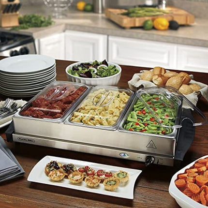Proctor Silex Server & Food Buffets Food Warmer for Parties, Three 2.2 Quart Stainless Steel Chafing Dishes, Adjustable Heat