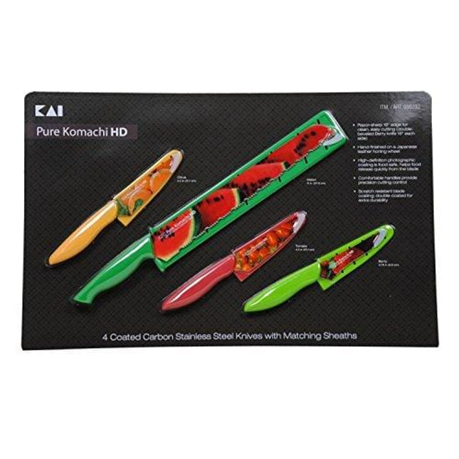 Pure Komachi HD 4 Coated Carbon Stainless Steel Knives with Matching Sheaths (Melon, Citrus, Tomato, and Berry)