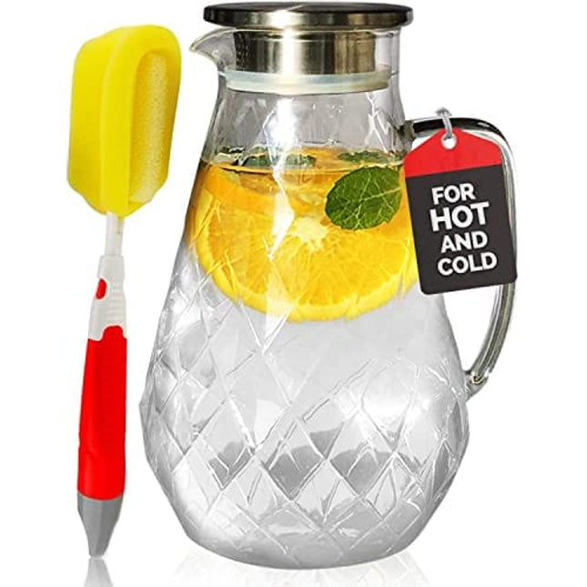 Pykal Glass Water Pitcher with Diamond Pattern and Tight Lid 72 Ounces, Thicker Heat Resistant Borosilicate Glass Carafe with Free Brush (in Gift Ready Packaging)