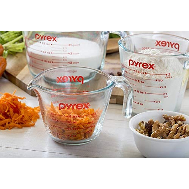 Pyrex 3 Piece Glass Measuring Cup Set, Includes 1-Cup, 2-Cup, and 4-Cup Tempered Glass Liquid Measuring Cups, Dishwasher, Freezer, Microwave, and Preheated Oven Safe, Essential Kitchen Tools