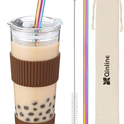 Boba Cup Reusable Bubble Tea Cup Smoothie Cups, 24Oz Glass Boba Tumbler with Lids & 2 Angled Straw, Silicone Sleeve, Leakproof Drinking Bottle Juicing Travel Mug for Large Pearl Coffee Christmas Gifts