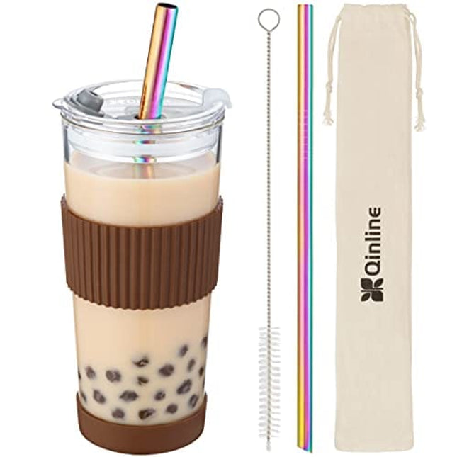Boba Cup Reusable Bubble Tea Cup Smoothie Cups, 24Oz Glass Boba Tumbler with Lids & 2 Angled Straw, Silicone Sleeve, Leakproof Drinking Bottle Juicing Travel Mug for Large Pearl Coffee Christmas Gifts