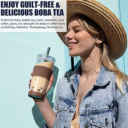 Boba Cup Reusable Bubble Tea Cup Smoothie Cups, 24Oz Glass Boba Tumbler with Lids & 2 Angled Straw, Silicone Sleeve, Leakproof Drinking Bottle Juicing Travel Mug for Large Pearl Coffee Christmas Gifts