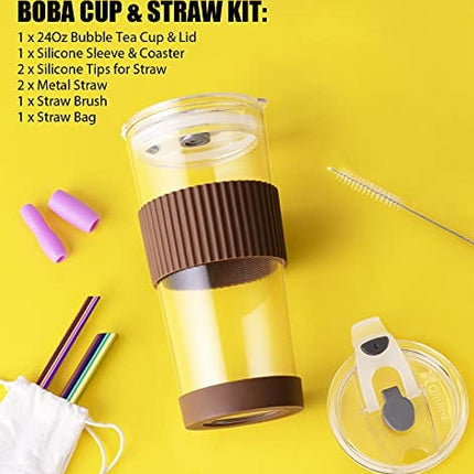 Boba Cup Reusable Bubble Tea Cup Smoothie Cups, 24Oz Glass Boba Tumbler with Lids & 2 Angled Straw, Silicone Sleeve, Leakproof Drinking Bottle Juicing Travel Mug for Large Pearl Coffee Christmas Gifts