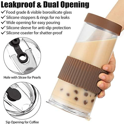Boba Cup Reusable Bubble Tea Cup Smoothie Cups, 24Oz Glass Boba Tumbler with Lids & 2 Angled Straw, Silicone Sleeve, Leakproof Drinking Bottle Juicing Travel Mug for Large Pearl Coffee Christmas Gifts