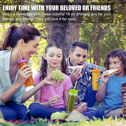 Glass Drinking Bottle Travel Drinking Jars 6 Pack, 16oz Mason Jars Regular Mouth Beverage Bottle with Airtight Lids &Straws, Reusable Water Bottle Skinny Tumbler for Juice/Smoothies,/Kombucha/Tea/Milk