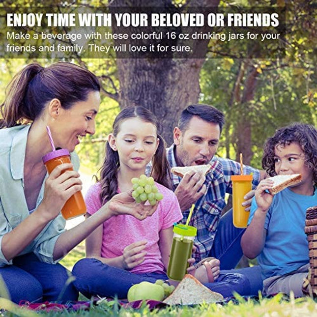 Glass Drinking Bottle Travel Drinking Jars 6 Pack, 16oz Mason Jars Regular Mouth Beverage Bottle with Airtight Lids &Straws, Reusable Water Bottle Skinny Tumbler for Juice/Smoothies,/Kombucha/Tea/Milk