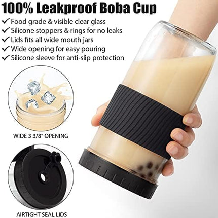 Reusable Boba Cup Bubble Tea Cup 2 Pack, 24Oz Wide Mouth Smoothie Cups with Lid, Silicone Sleeve & Angled Wide Straws, Leakproof Glass Mason Jars Drinking Water Bottle Travel Tumbler for Large Pearl