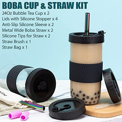 Reusable Boba Cup Bubble Tea Cup 2 Pack, 24Oz Wide Mouth Smoothie Cups with Lid, Silicone Sleeve & Angled Wide Straws, Leakproof Glass Mason Jars Drinking Water Bottle Travel Tumbler for Large Pearl