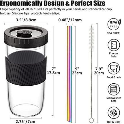 Reusable Boba Cup Bubble Tea Cup 2 Pack, 24Oz Wide Mouth Smoothie Cups with Lid, Silicone Sleeve & Angled Wide Straws, Leakproof Glass Mason Jars Drinking Water Bottle Travel Tumbler for Large Pearl
