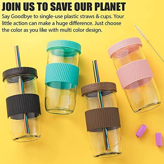 Reusable Boba Cup Bubble Tea Cup 4 Pack, 24Oz Wide Mouth Smoothie Cups with Lid, Silicone Sleeve & Angled Wide Straws, Leakproof Glass Mason Jars Drinking Water Bottle Travel Tumbler for Large Pearl