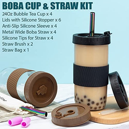 Reusable Boba Cup Bubble Tea Cup 4 Pack, 24Oz Wide Mouth Smoothie Cups with Lid, Silicone Sleeve & Angled Wide Straws, Leakproof Glass Mason Jars Drinking Water Bottle Travel Tumbler for Large Pearl