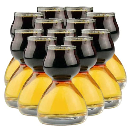 QUAFFER Double Bubble Layered PLASTIC Shot Glass Plus Recipe Card – Clear Chaser Shot Glass Jigger for Smooth Tasty Shots – Fun Unique Split Shot Glasses Barware (Set of 12)