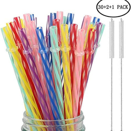 33 Pieces Reusable Plastic Straws Fit for Mason Jars, Tumblers, 9 Inches Transparent Colored Unbreakable Drinking Straws with 1 Straw Carrying Case and 2 Cleaning Brushes, BPA Free and Eco-friendly